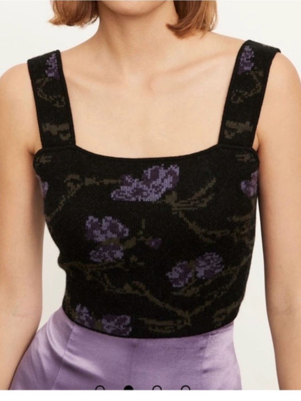 Vince Black Floral Knit Square-Neck Crop Tank with Purple Accents